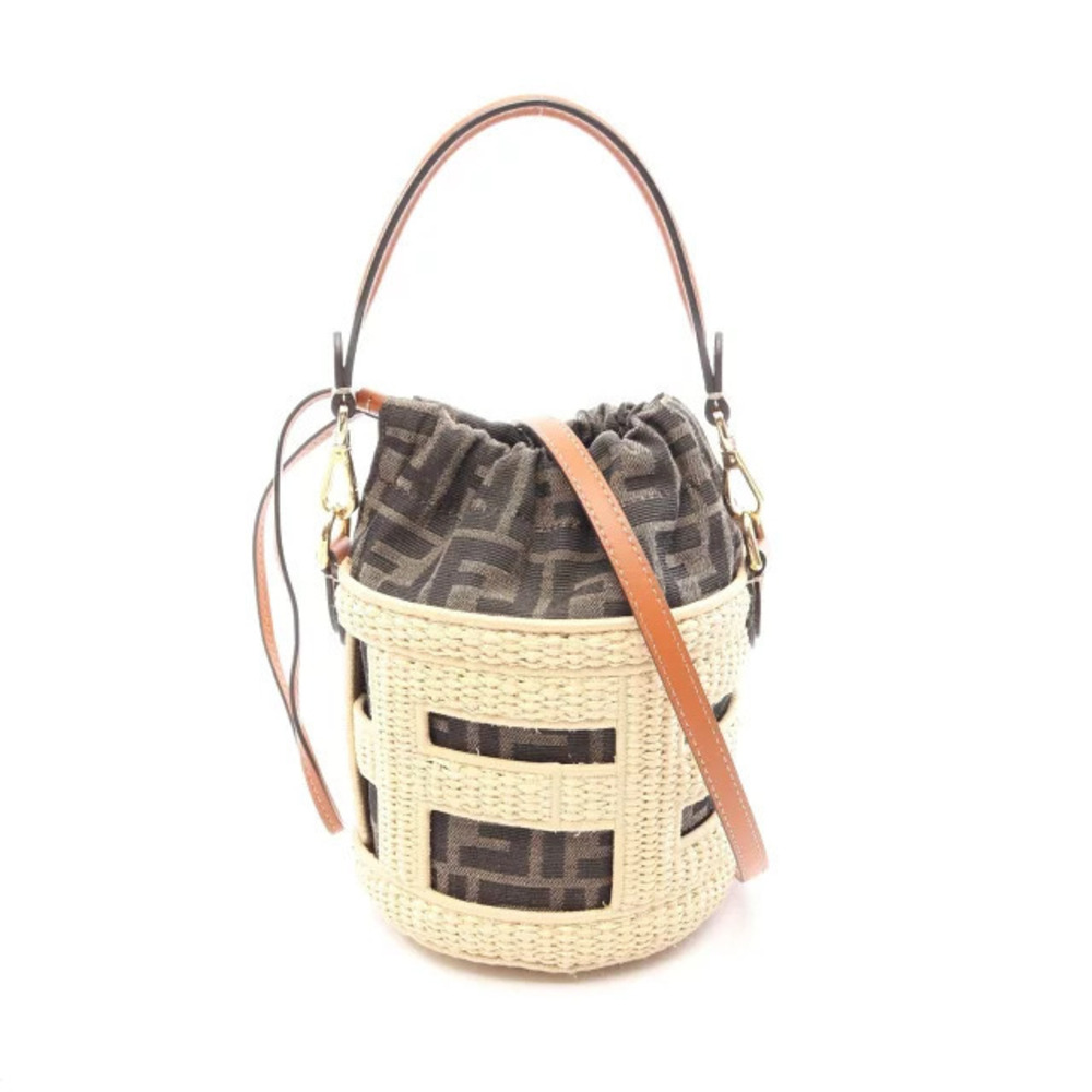 Fendi STEP Handbag Canvas Leather Raffia Ivory White Black Multicolor